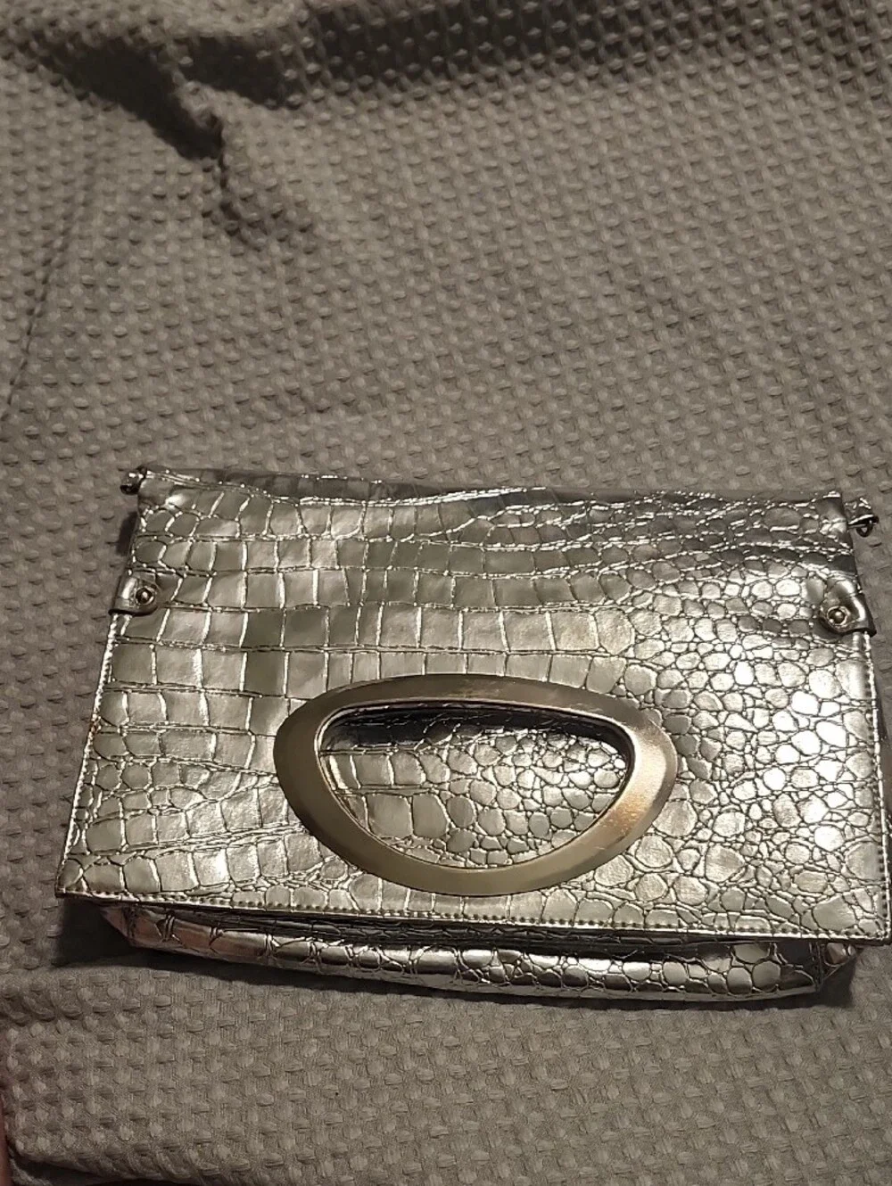 Silver Croc-Embossed Metallic Handheld Bag